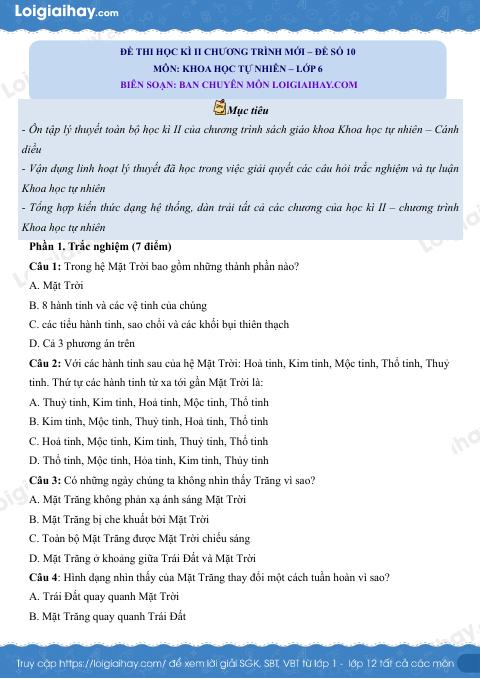 Đề thi học kì 2 KHTN 6 Cánh diều - Đề 10